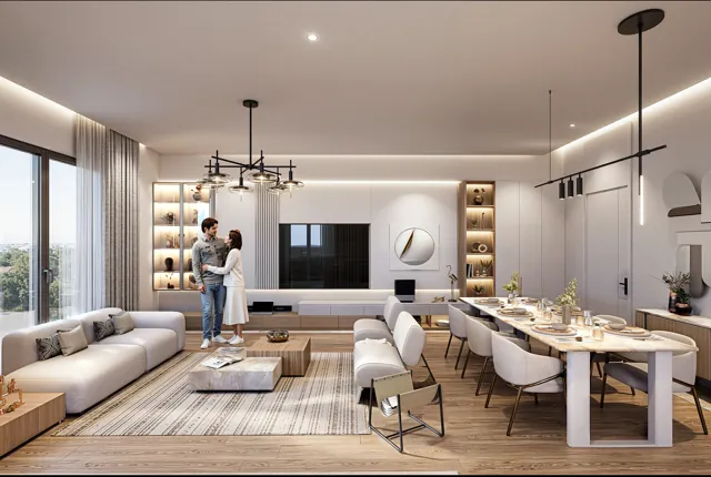 Salon ve yemek alanı iç mekân görselleştirmesi